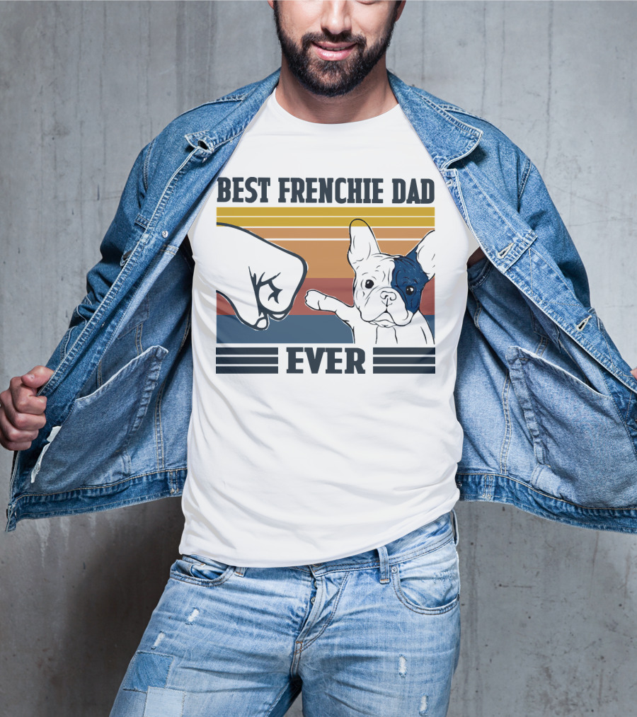 Best Frenchie Dad Ever Fist Bump Retro Stripes Dog Punch Paw Puppy T-Shirt