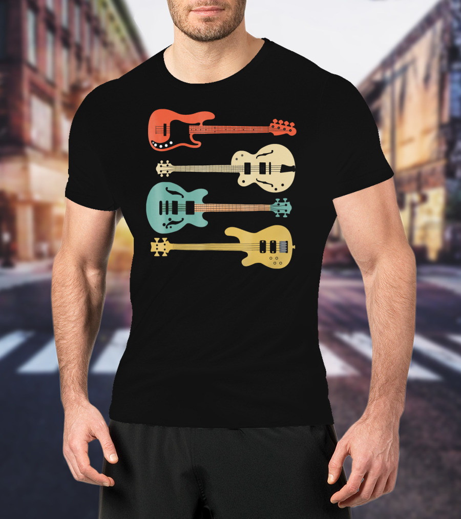 Vintage Retro Bass Guitar Bassist Player Colorful Guitar Collection T-Shirt