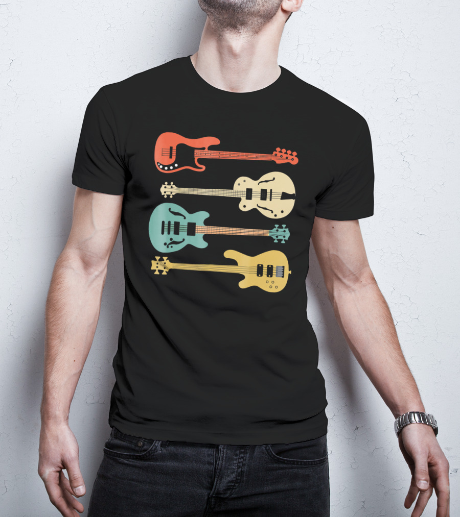 Vintage Retro Bass Guitar Bassist Player Colorful Guitar Collection T-Shirt