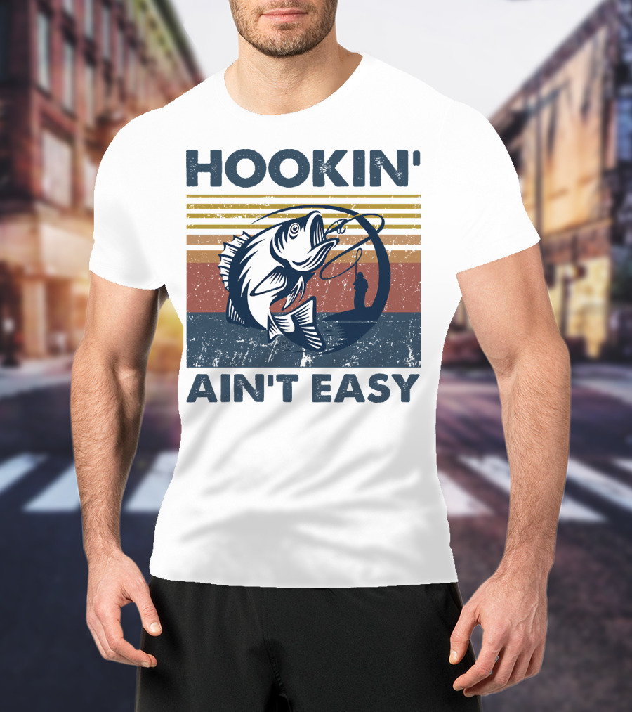 Hookin' Ain't Easy Vintage Fishing Graphic With Striped Sunset And Angler T-Shirt