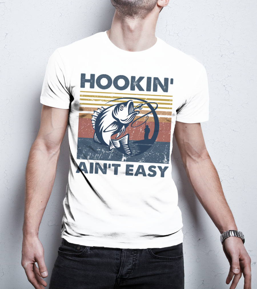 Hookin' Ain't Easy Vintage Fishing Graphic With Striped Sunset And Angler T-Shirt