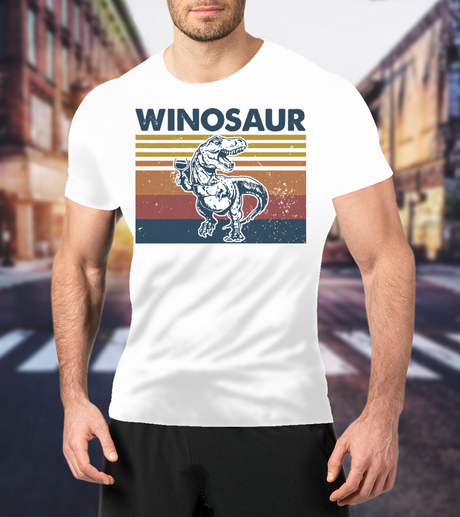 Winosaur Dinosaur With Wine Glass Retro Stripes T-Shirt