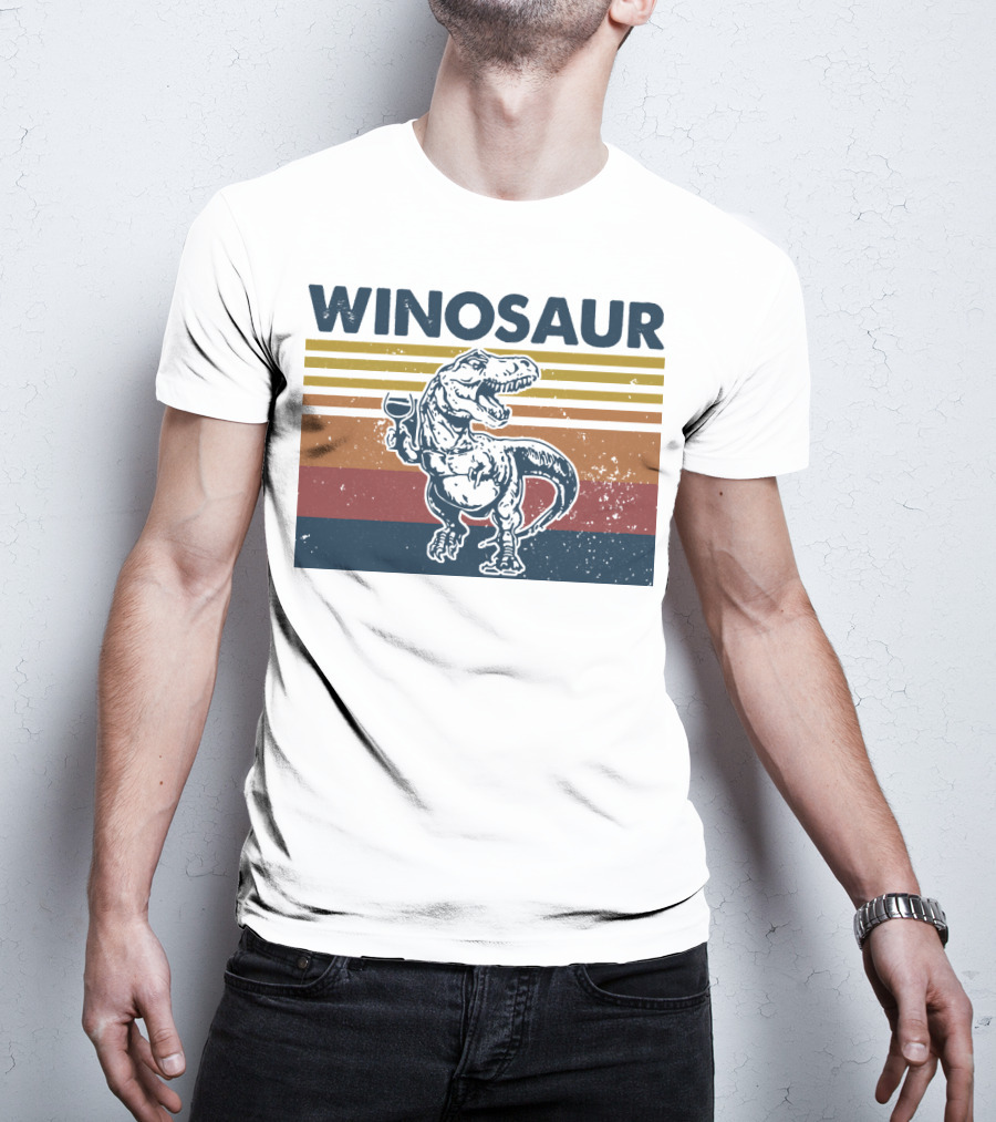 Winosaur Dinosaur With Wine Glass Retro Stripes T-Shirt