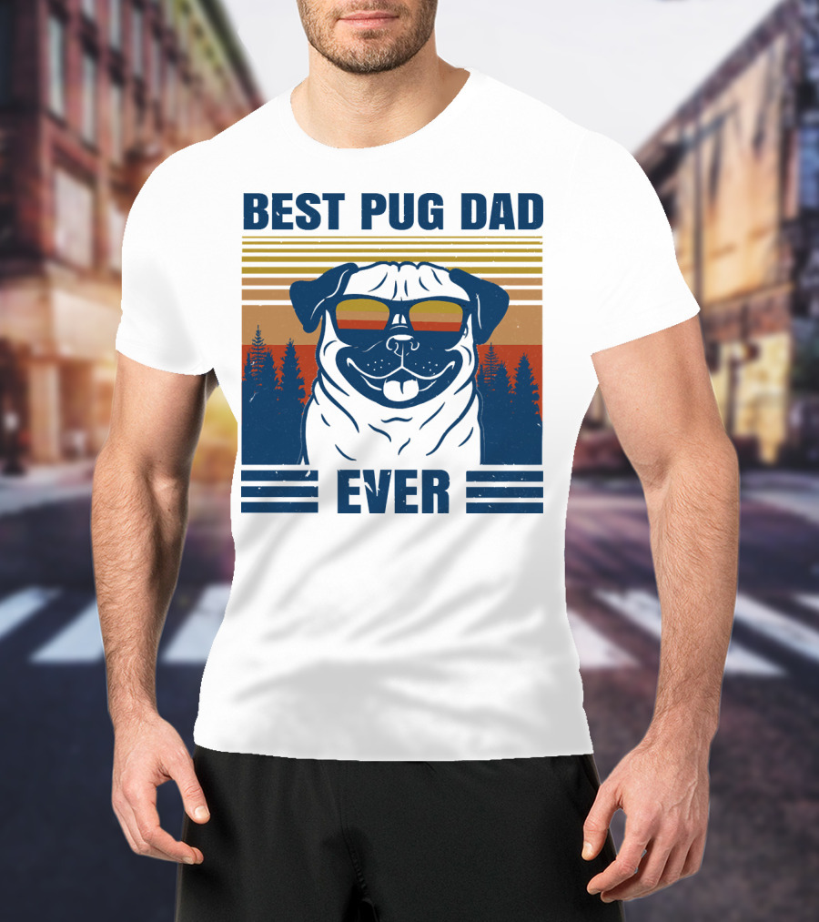 Best Pug Dad Ever Vintage Sunset Forest Retro T-Shirt