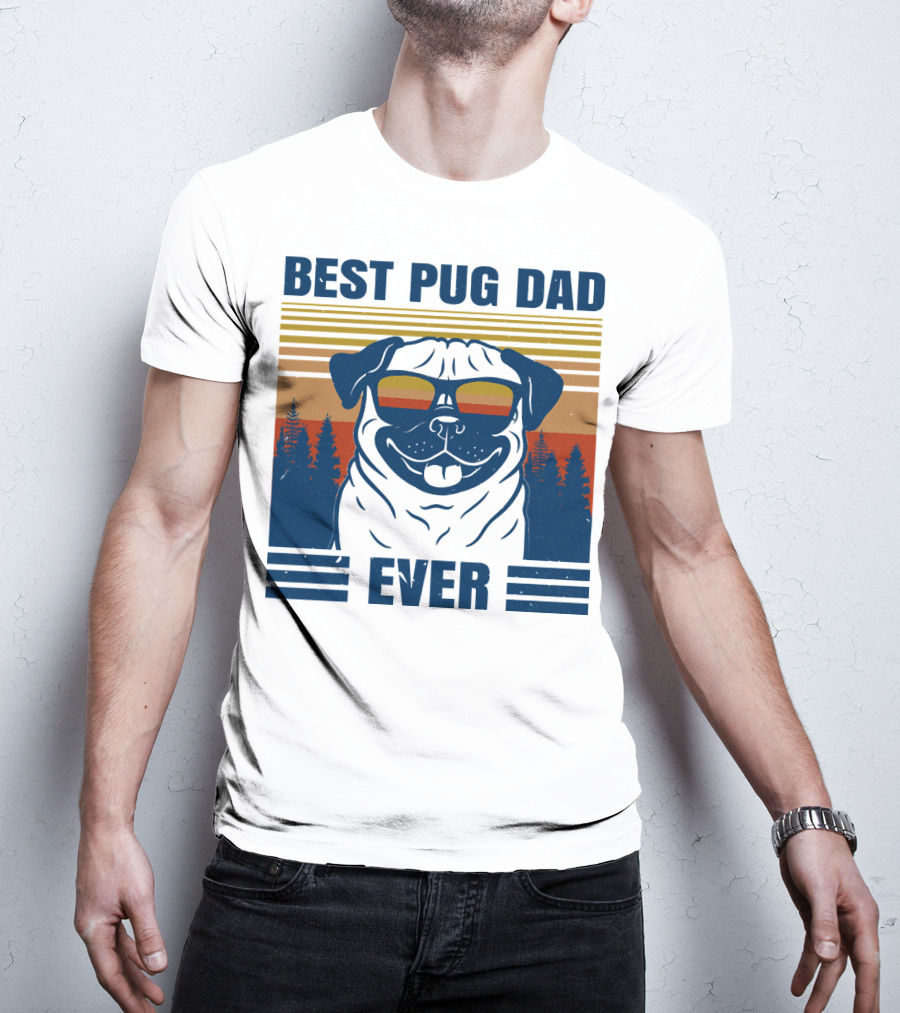 Best Pug Dad Ever Vintage Sunset Forest Retro T-Shirt