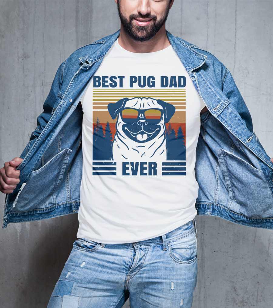 Best Pug Dad Ever Vintage Sunset Forest Retro T-Shirt