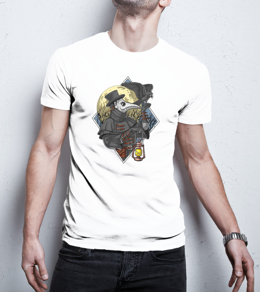 Plague Doctor Steampunk Raven Medieval Lantern Moonlit Forest T-Shirt