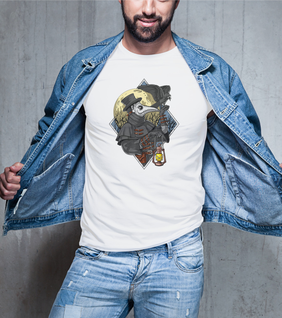 Plague Doctor Steampunk Raven Medieval Lantern Moonlit Forest T-Shirt