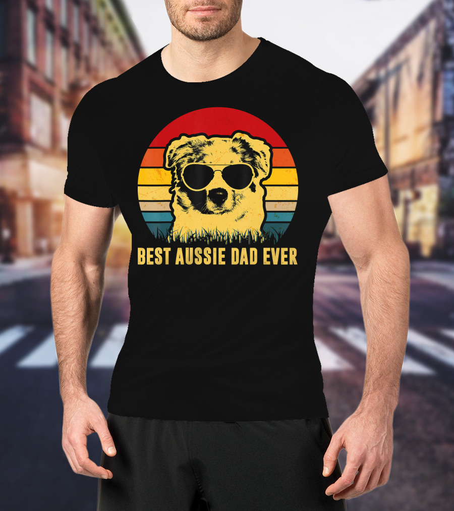 Best Aussie Dad Ever Vintage Dog Sunglasses Retro Stripes T-Shirt