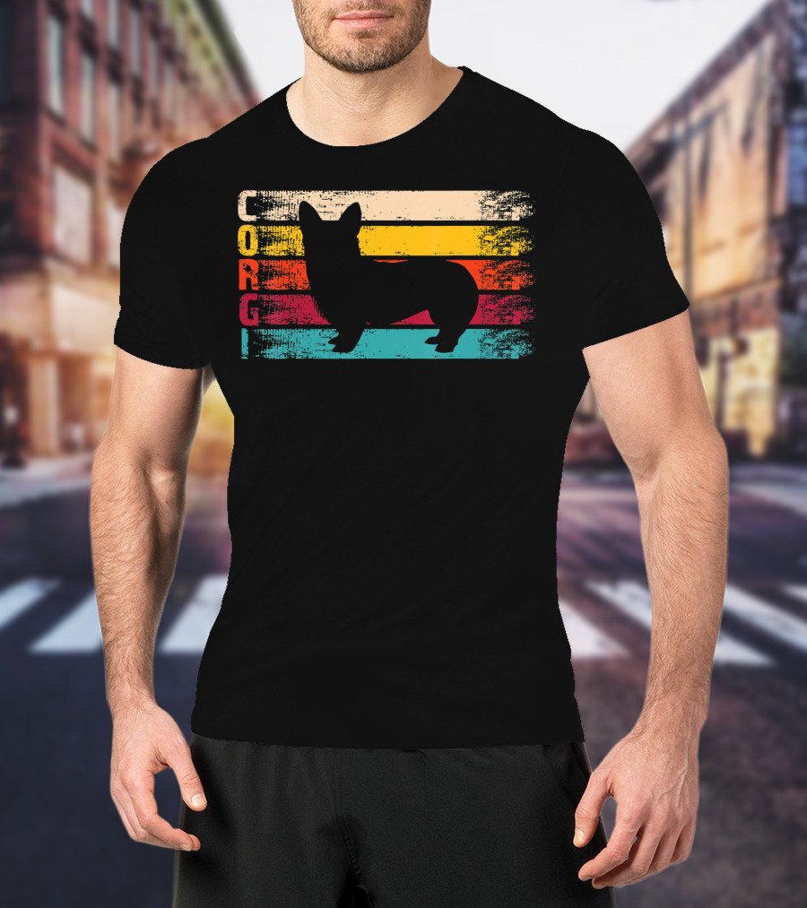 Distressed Vintage Corgi Silhouette Retro Stripes T-Shirt