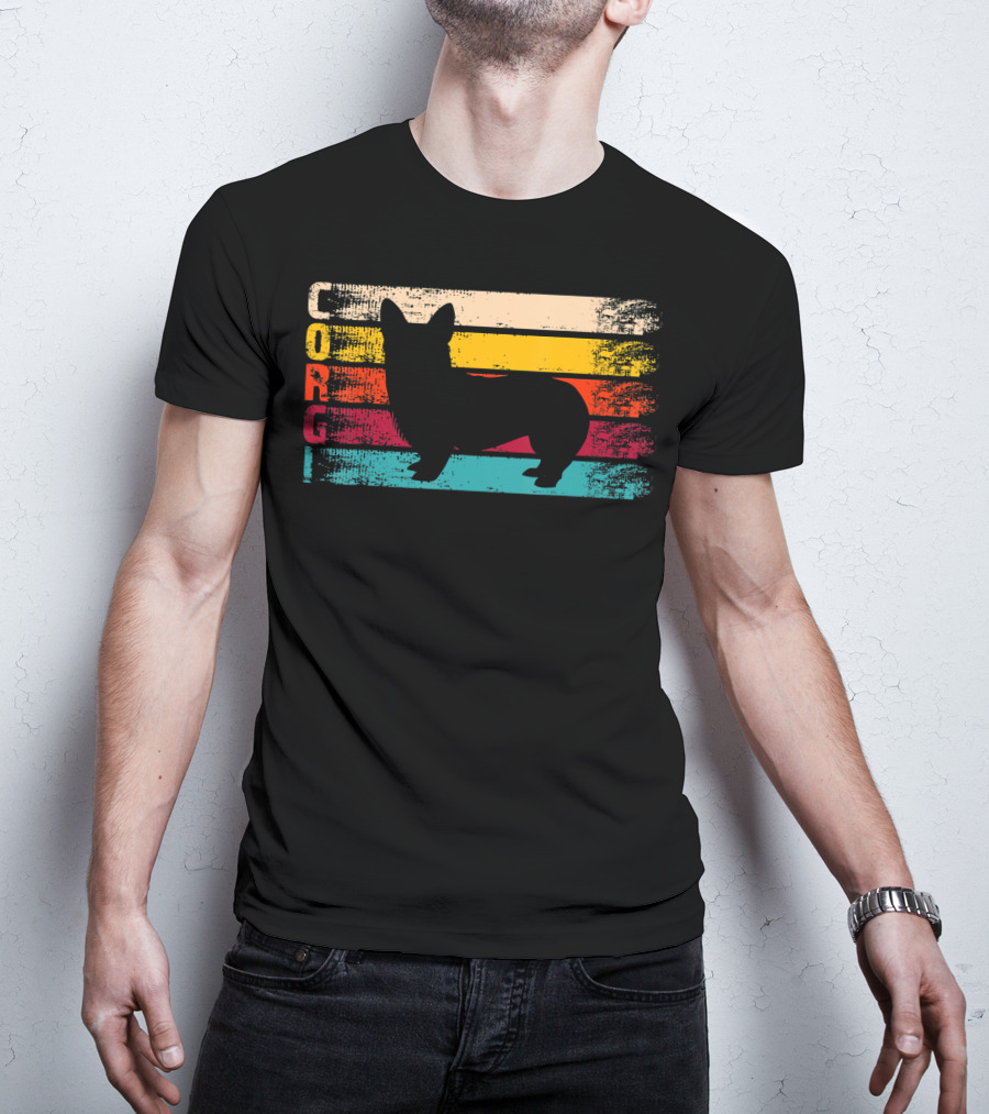 Distressed Vintage Corgi Silhouette Retro Stripes T-Shirt