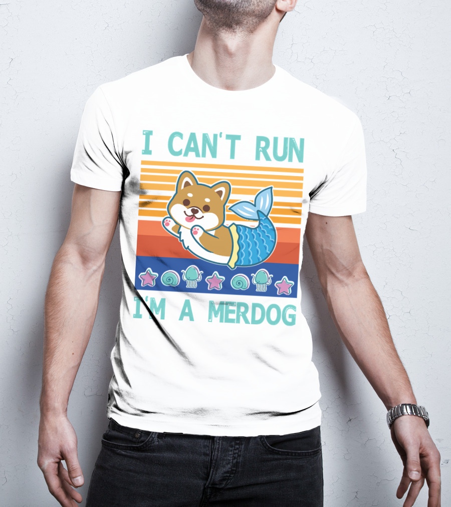 Mermaid Corgi I Can't Run I'm A Merdog With Starfish And Seashells T-Shirt