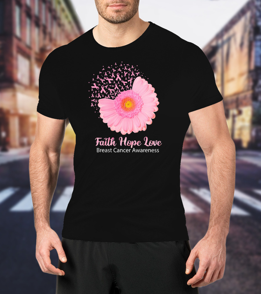 Faith Hope Love Pink Ribbon Florals Breast Cancer Awareness T-Shirt