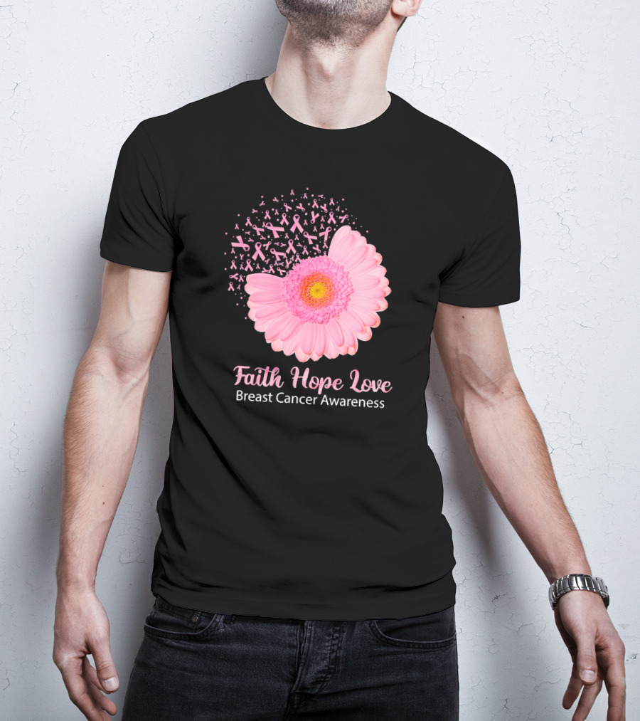 Faith Hope Love Pink Ribbon Florals Breast Cancer Awareness T-Shirt