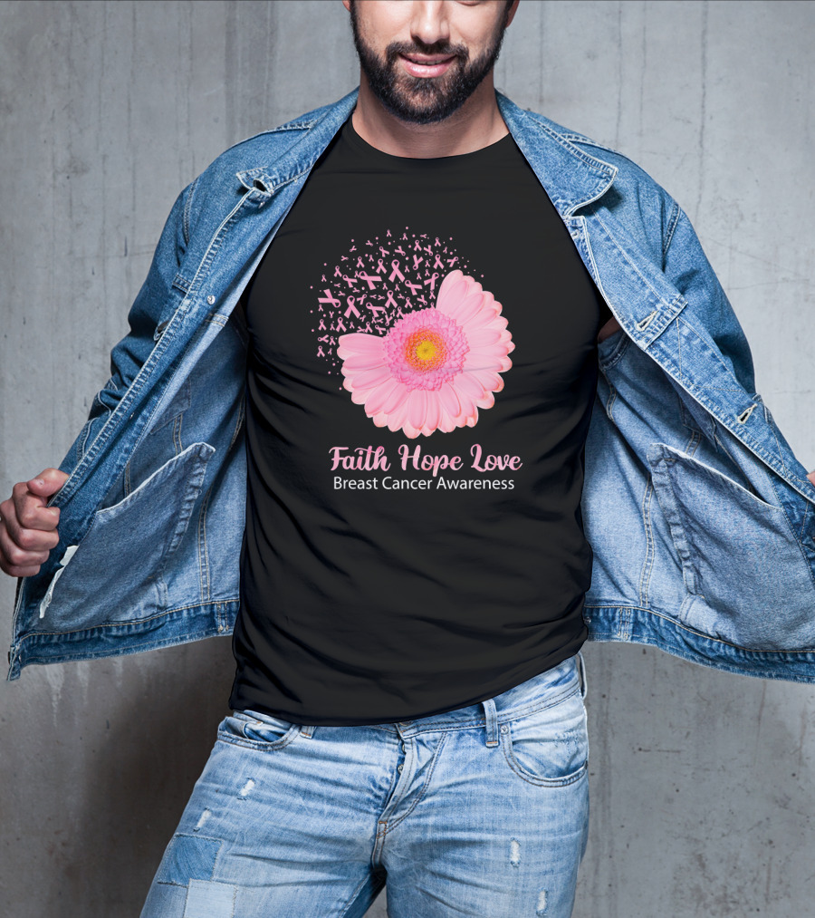 Faith Hope Love Pink Ribbon Florals Breast Cancer Awareness T-Shirt