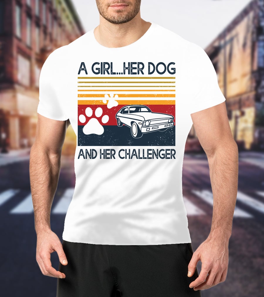 A Girl Her Dog And Her Challenger Vintage Car With Paw Prints T-Shirt