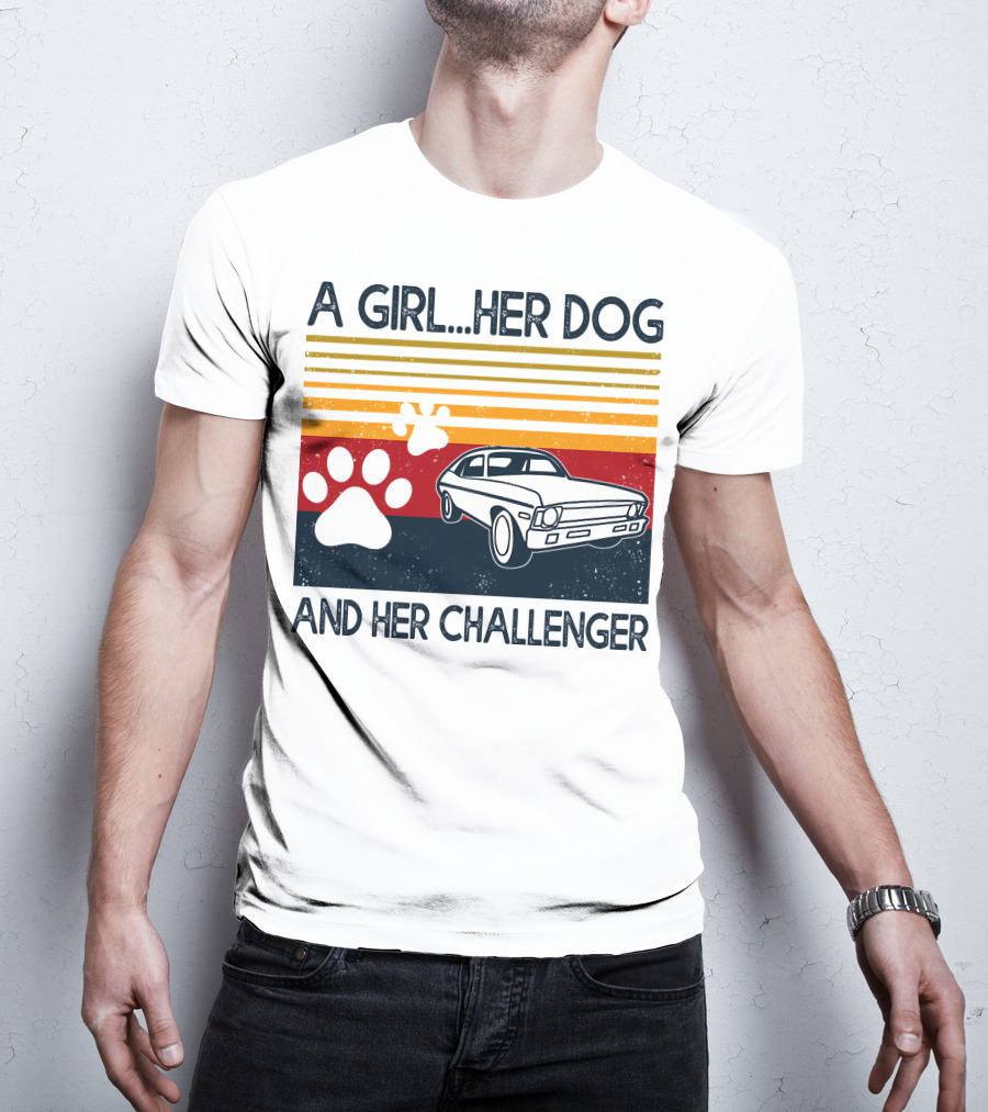 A Girl Her Dog And Her Challenger Vintage Car With Paw Prints T-Shirt