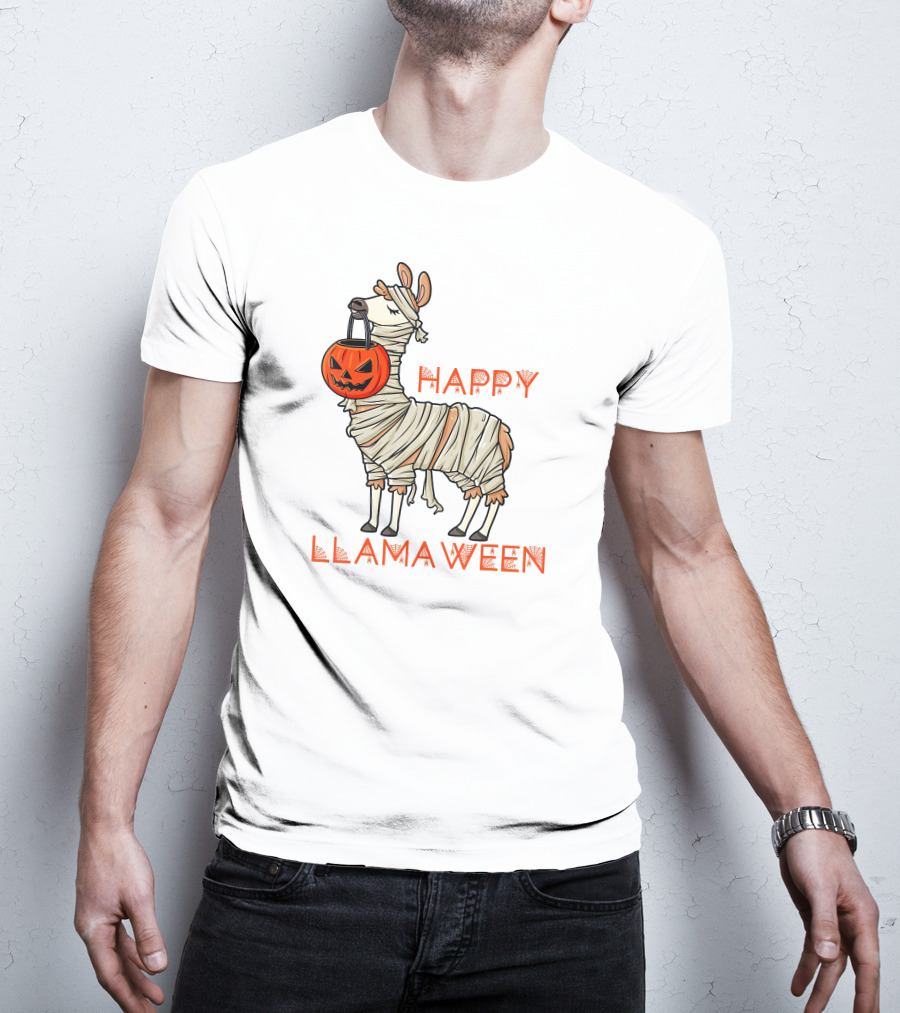 Happy Llamaween Halloween Llama Holding Pumpkin T-Shirt