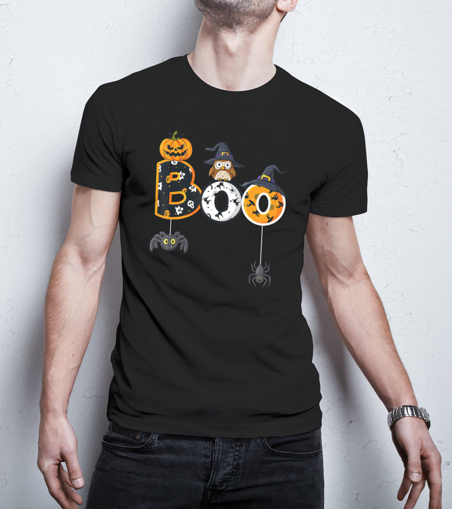 Halloween Boo Pumpkin Owl Witch Hat Spiders T-Shirt