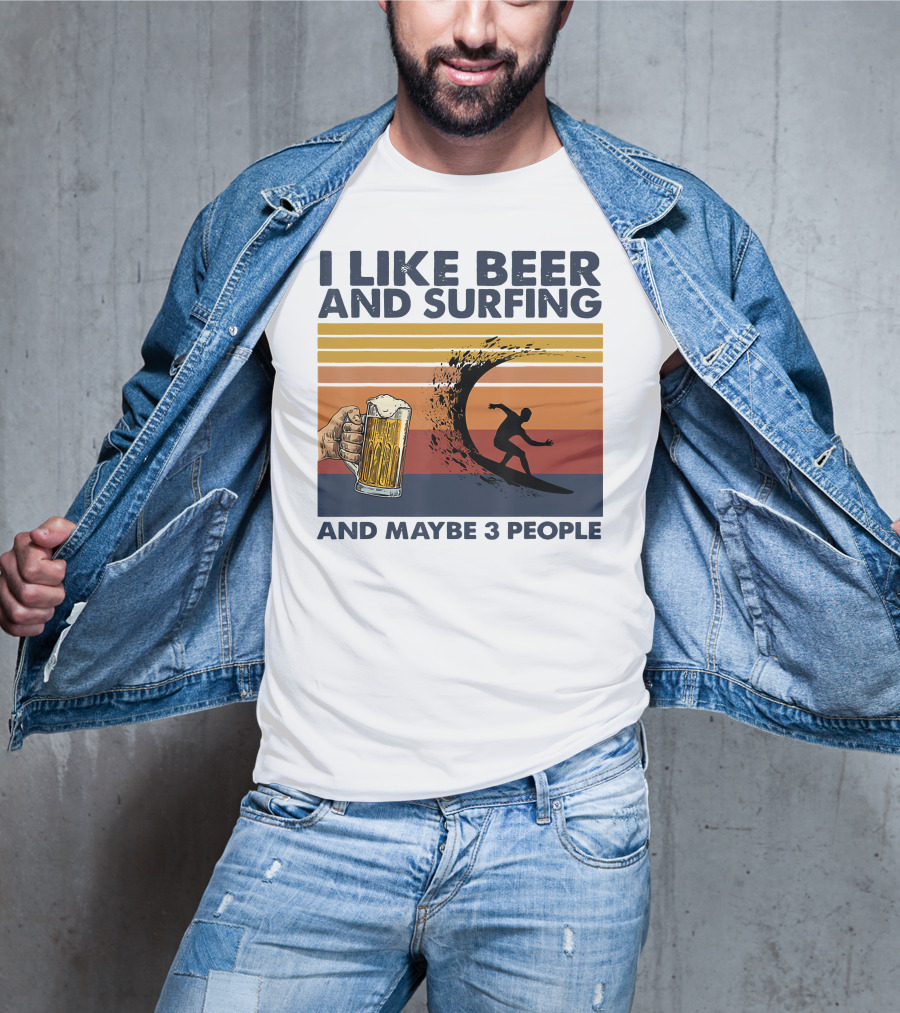 I Like Beer And Surfing And Maybe 3 People Retro Surfboard Wave Beer Glass T-Shirt