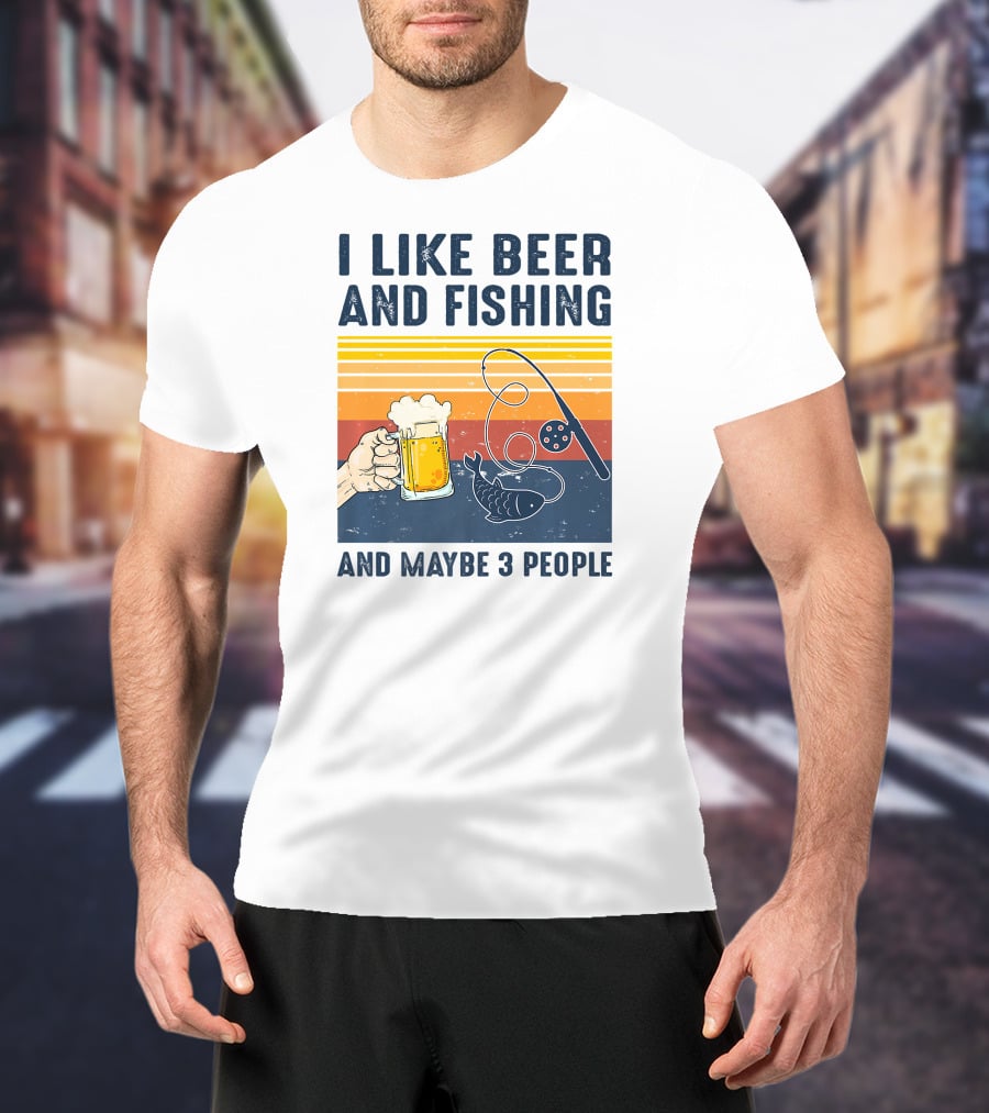 I Like Beer And Fishing And Maybe 3 People Vintage Sunset Beer Mug Fishing Rod T-Shirt