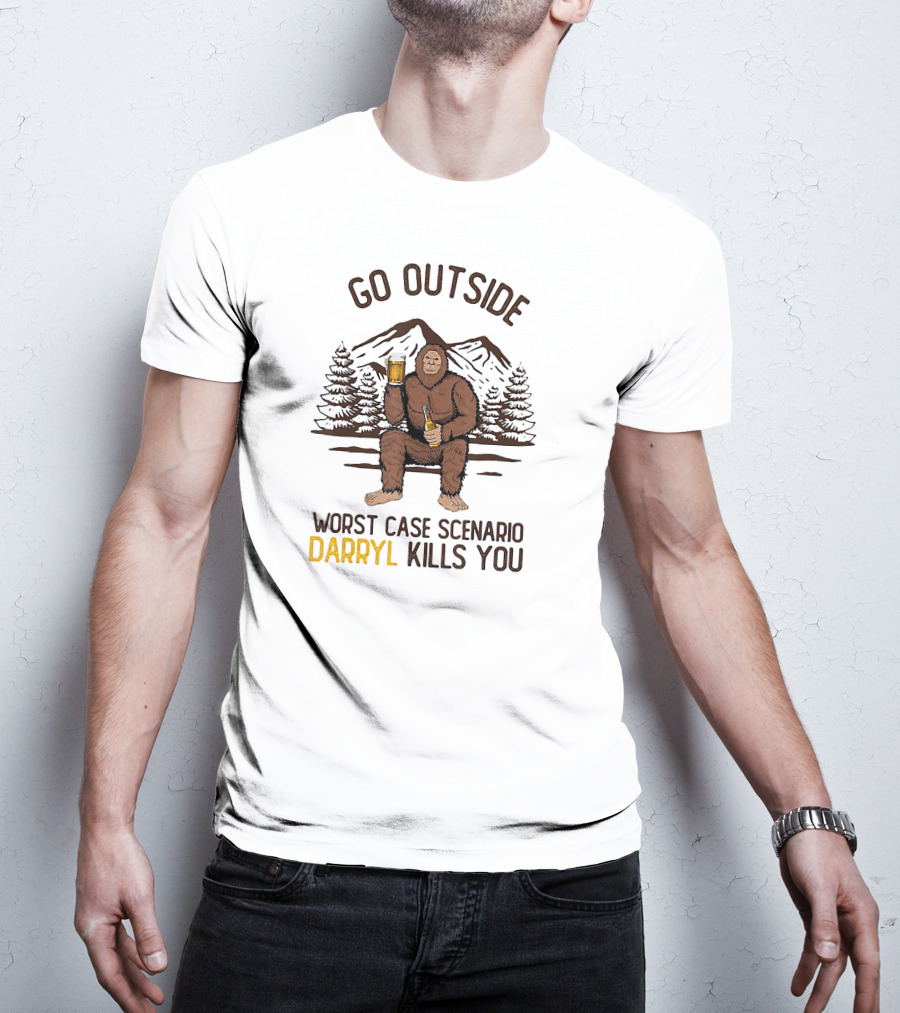 Go Outside Worst Case Scenario Darryl Kills You Bigfoot Holding Beer In Forest Mountain Scene T-Shirt
