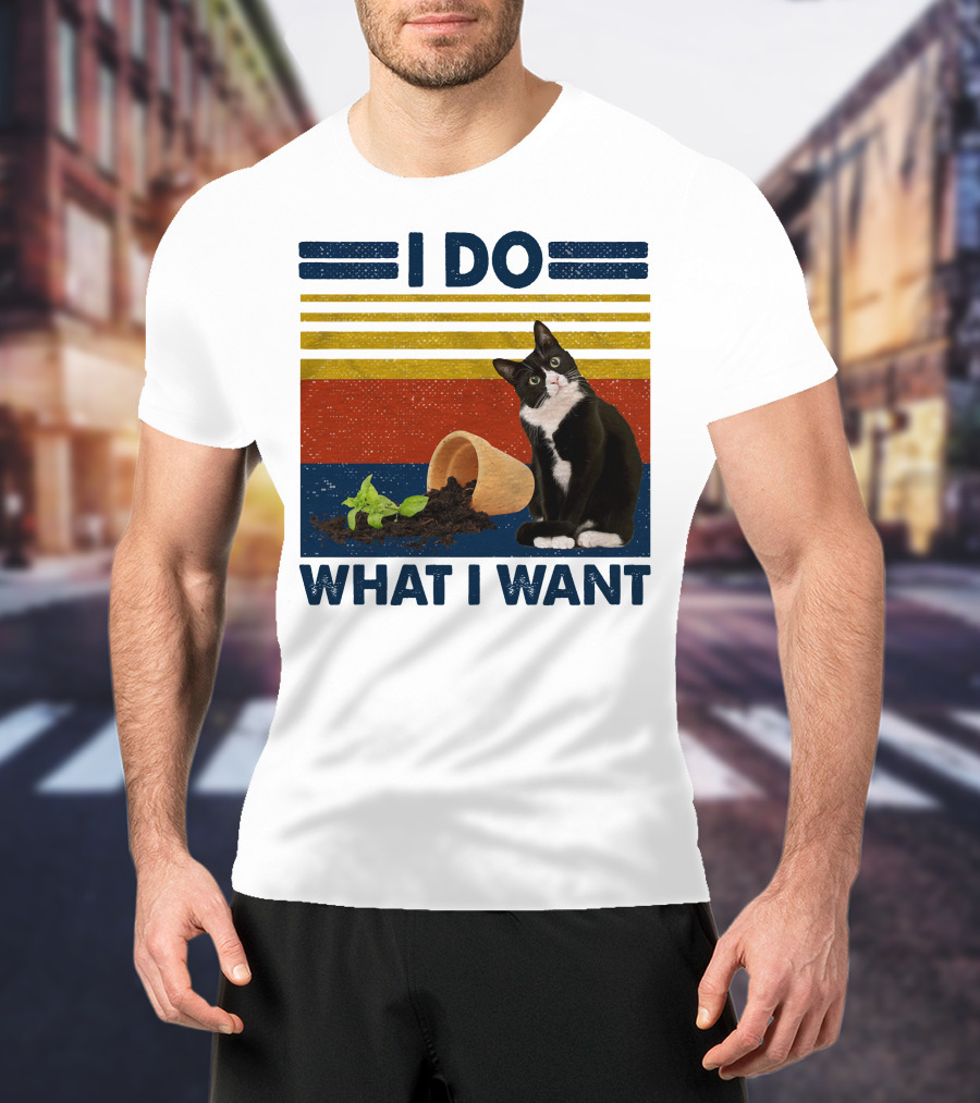 Tuxedo Kitty I Do What I Want Retro Stripes Plant Cup Soil T-Shirt