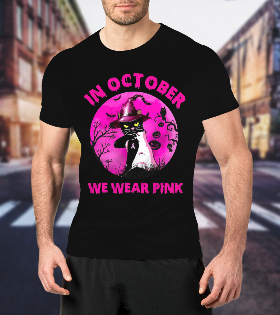 In October We Wear Pink Black Cat Witch Hat Pumpkin Breast Cancer Awareness T-Shirt