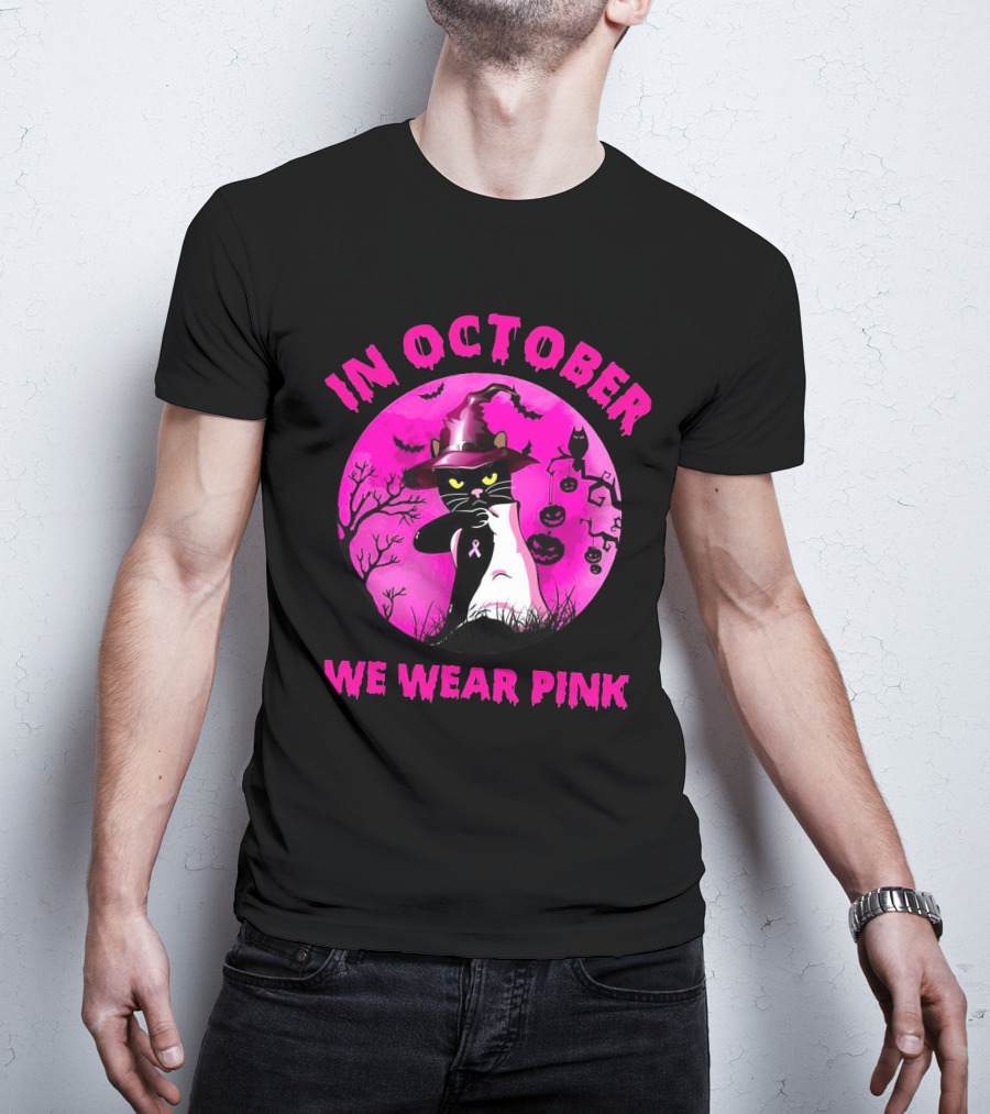 In October We Wear Pink Black Cat Witch Hat Pumpkin Breast Cancer Awareness T-Shirt