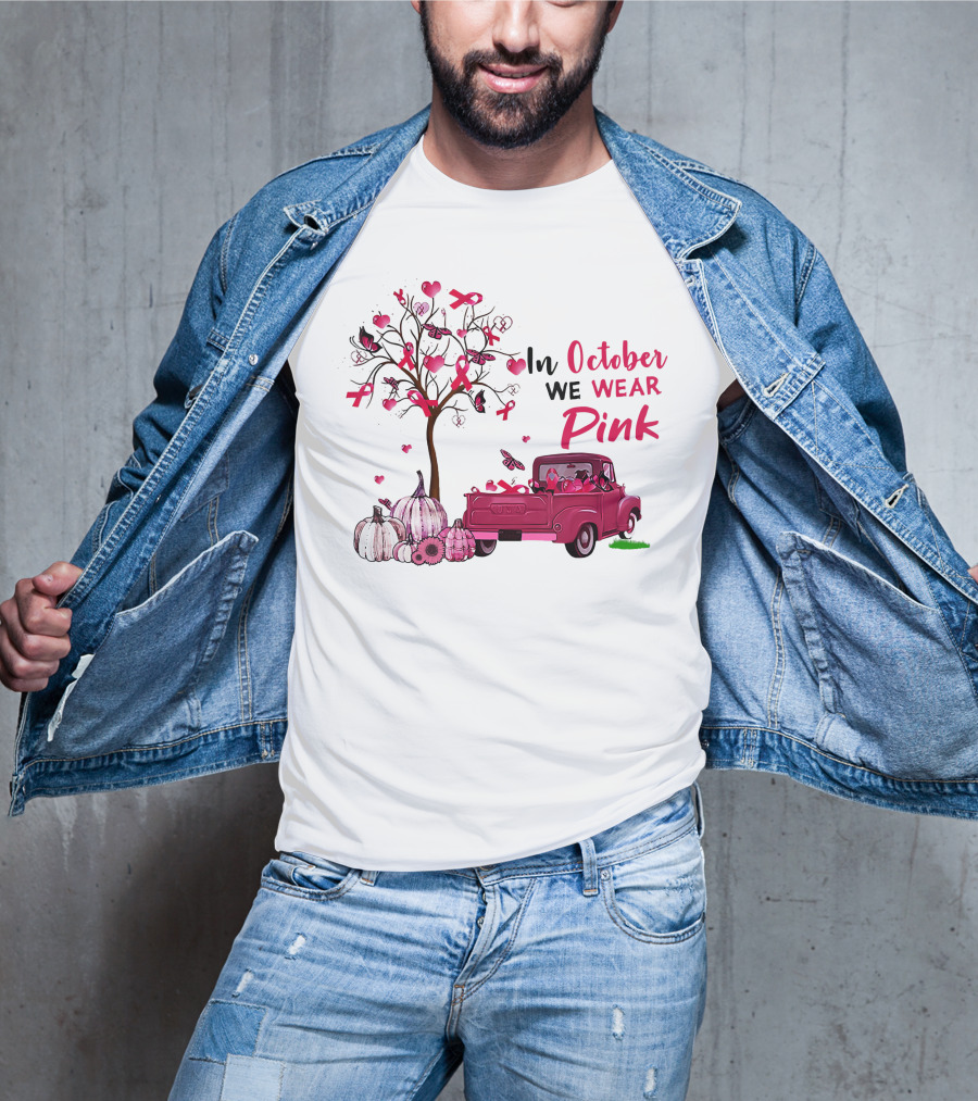 In October We Wear Pink Truck Pumpkins Breast Cancer Awareness T-Shirt