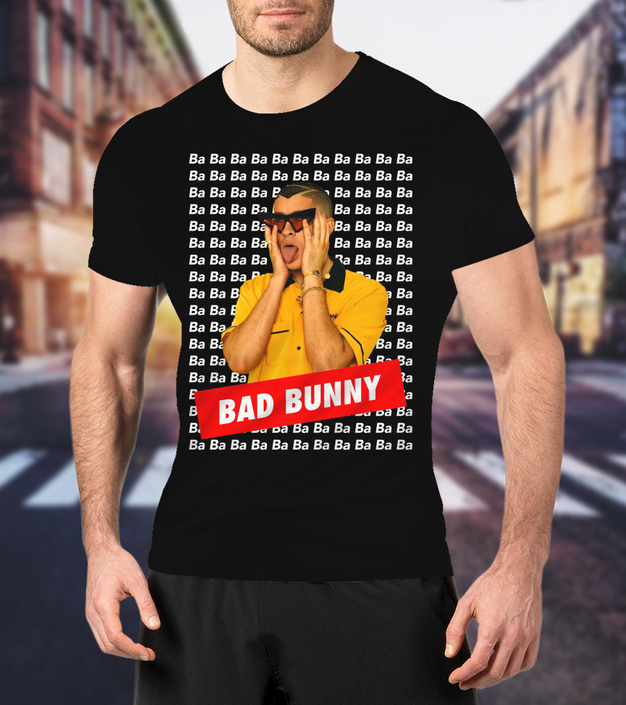 BAD BUNNY Ba Ba Ba Pattern Yellow Shirt Sunglasses T-Shirt