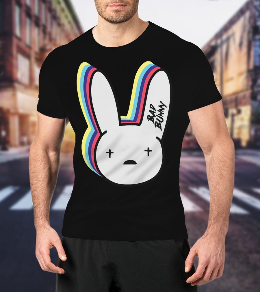 Bad Bunny Cross-Eyed Bunny Head Multicolor Outline T-Shirt