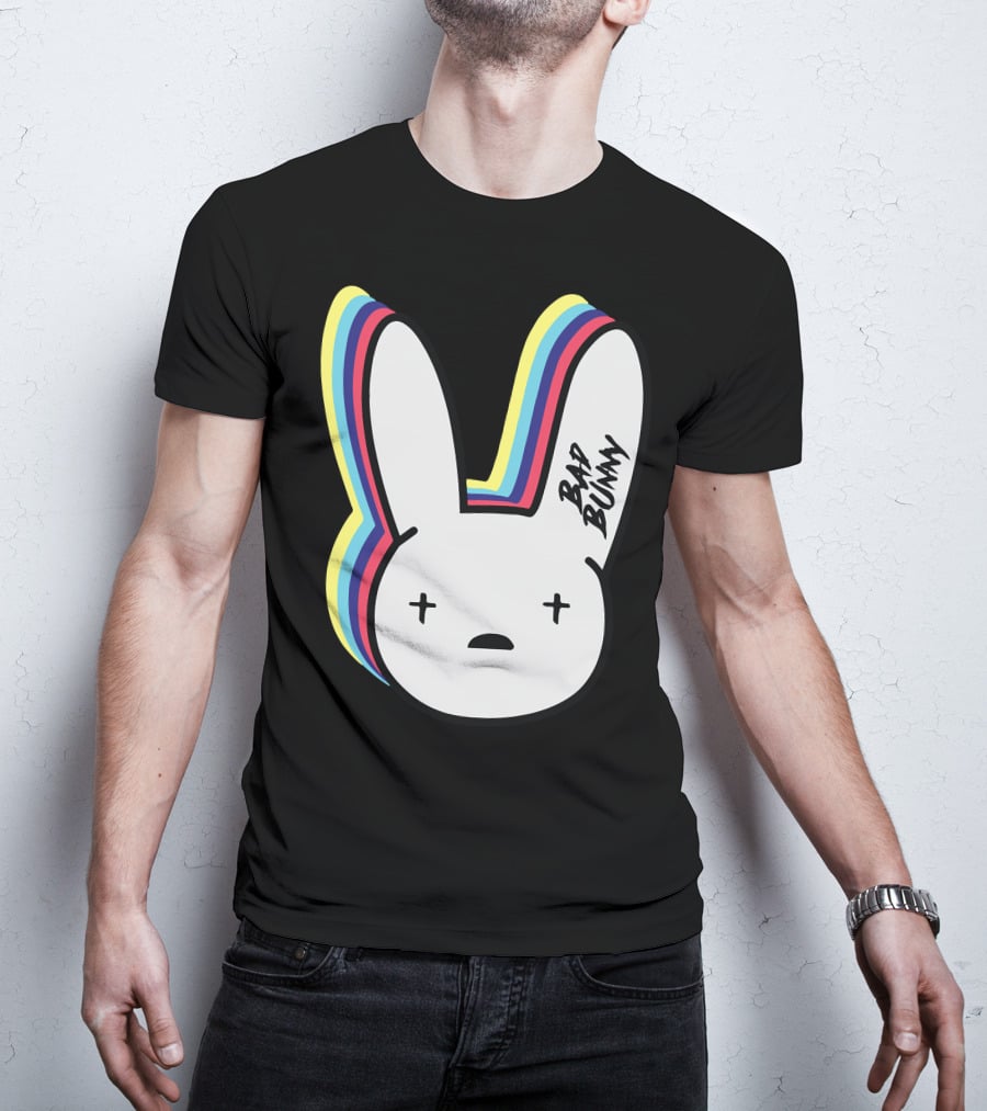 Bad Bunny Cross-Eyed Bunny Head Multicolor Outline T-Shirt