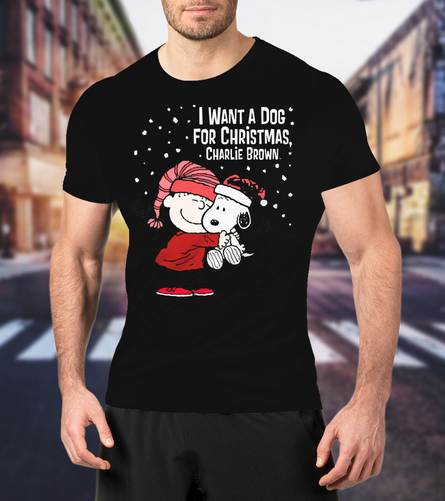 I Want A Dog For Christmas Charlie Brown Snoopy Hugging Linus Snow Scene T-Shirt
