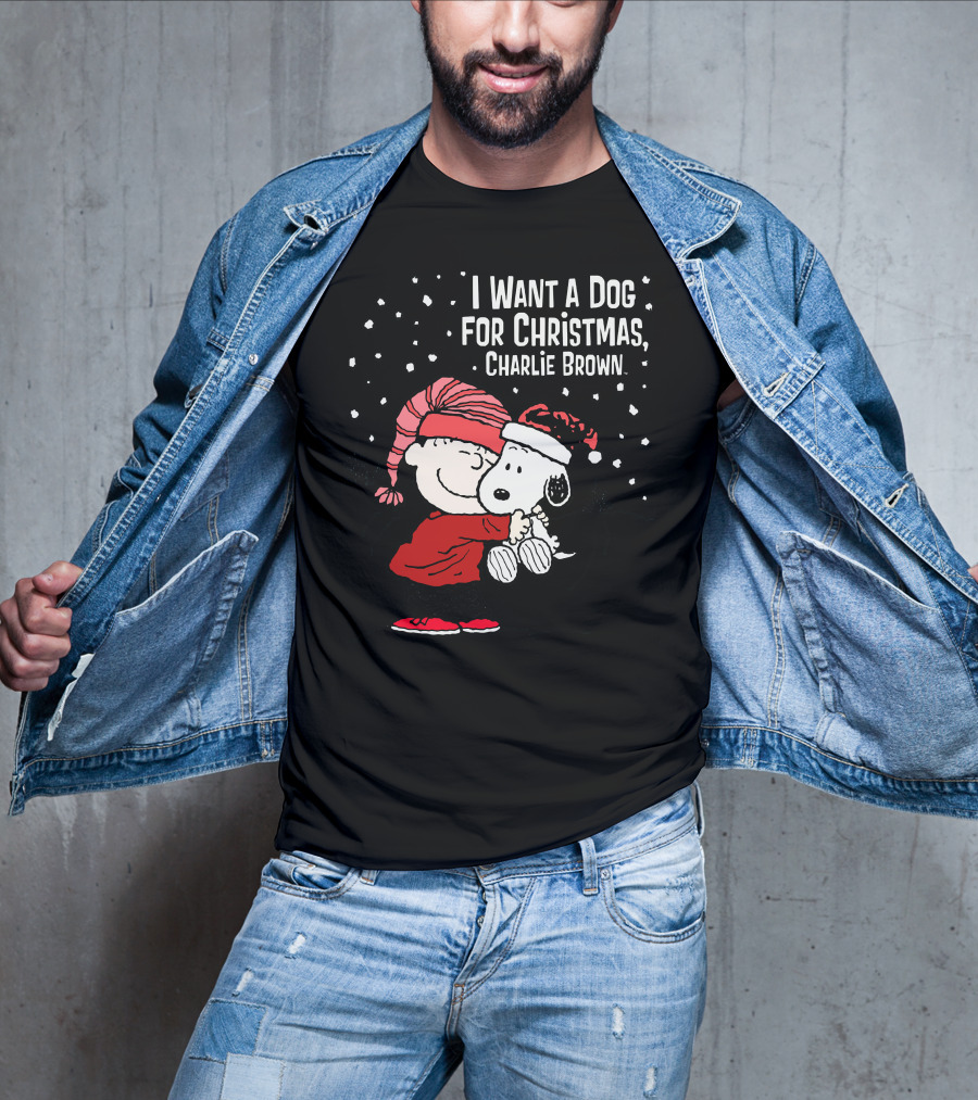 I Want A Dog For Christmas Charlie Brown Snoopy Hugging Linus Snow Scene T-Shirt