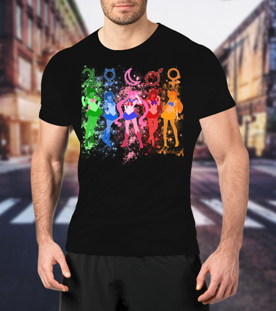 Sailor Moon The Inner Senshi With Planetary Symbols And Colorful Cosmic Background T-Shirt