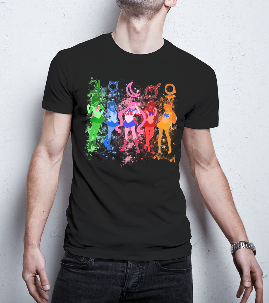Sailor Moon The Inner Senshi With Planetary Symbols And Colorful Cosmic Background T-Shirt