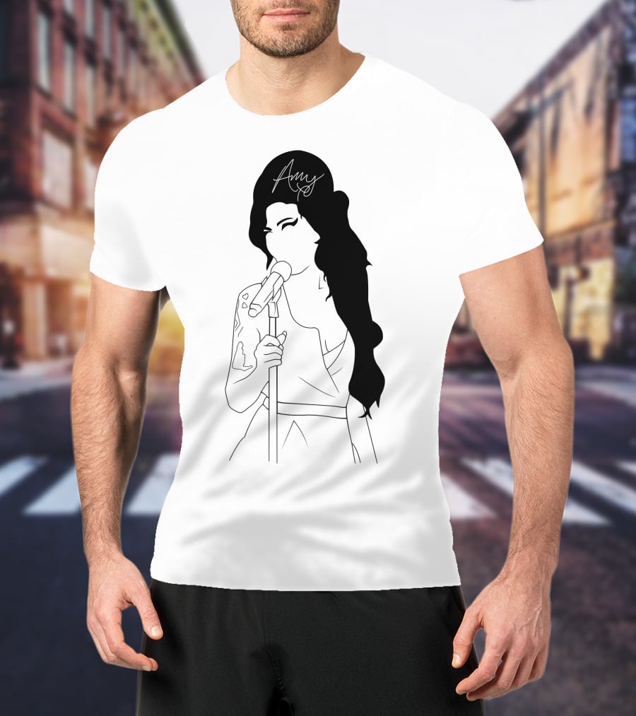 Amy Winehouse Line Art With Signature Mic Pose T-Shirt