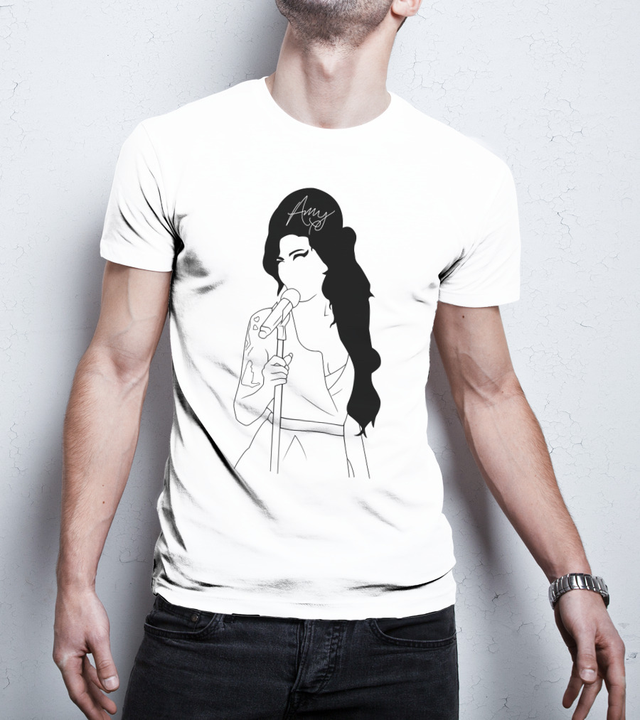 Amy Winehouse Line Art With Signature Mic Pose T-Shirt