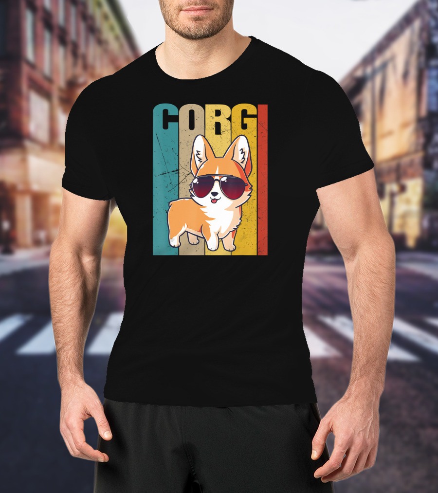 Corgi With Sunglasses Retro Stripes T-Shirt