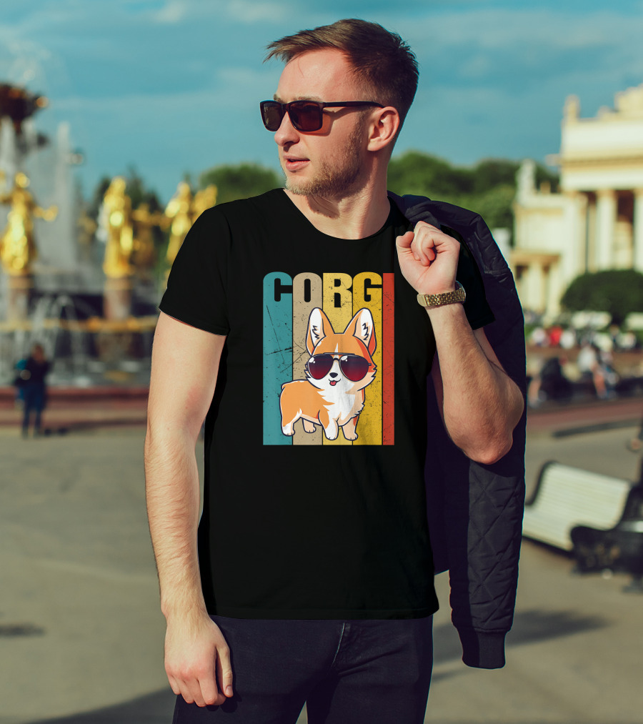 Corgi With Sunglasses Retro Stripes T-Shirt