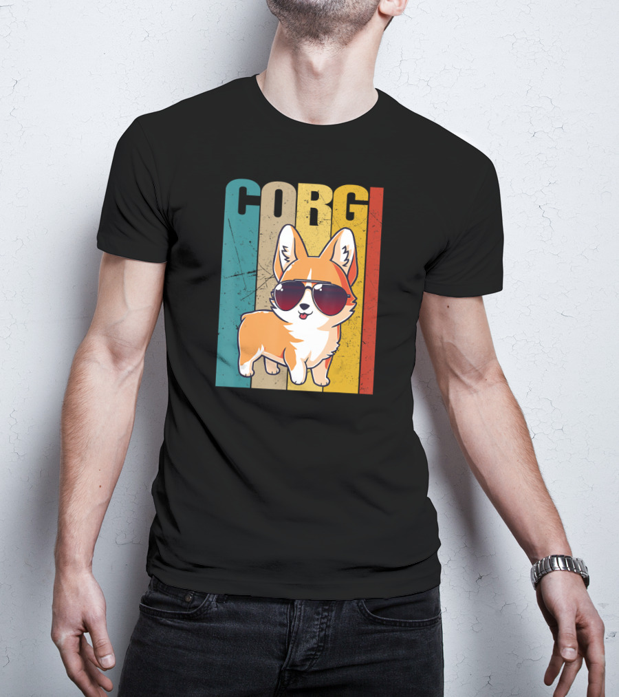 Corgi With Sunglasses Retro Stripes T-Shirt