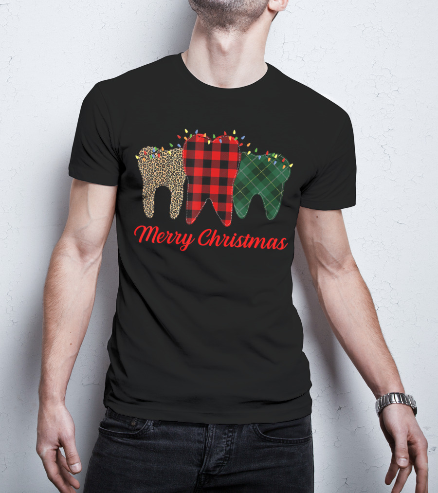 Merry Christmas Teeth Plaid Leopard Pattern With Holiday Lights T-Shirt
