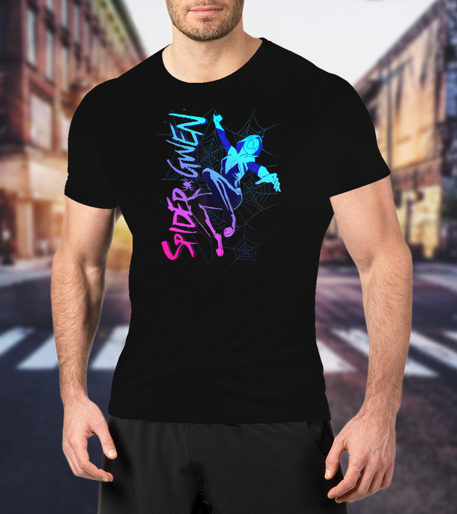 Marvel Spider Gwen Neon Gradient Web Jumping Pose T-Shirt