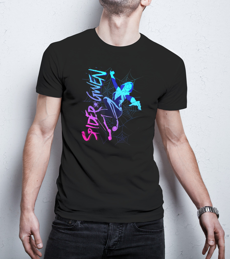 Marvel Spider Gwen Neon Gradient Web Jumping Pose T-Shirt