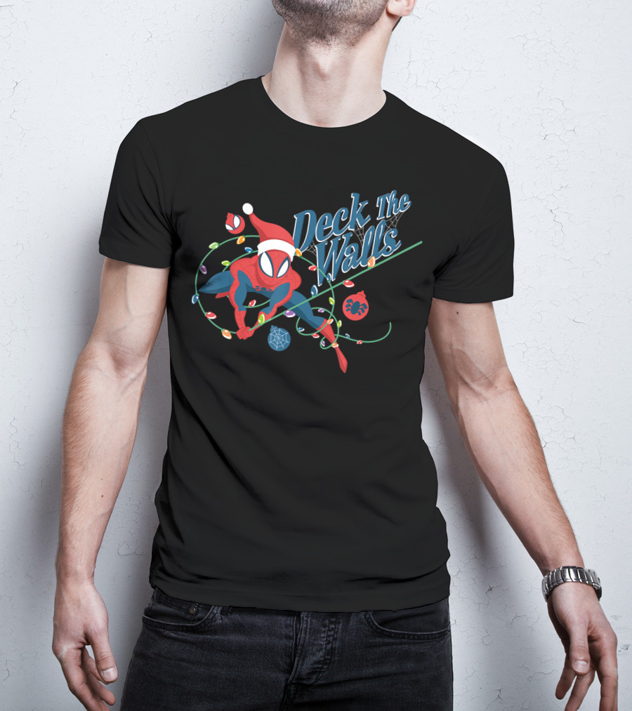 Deck The Walls Marvel Spider Man Holiday Christmas Lights Santa Hat T-Shirt