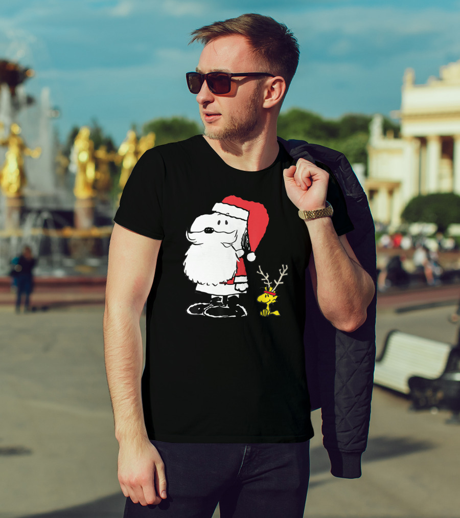 Peanuts Snoopy And Woodstock In Santa And Antlers Holiday Shop T-Shirt
