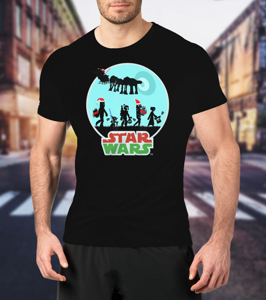 Star Wars Holiday Characters With Santa Hats And Death Star T-Shirt