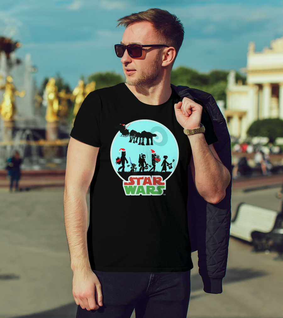Star Wars Holiday Characters With Santa Hats And Death Star T-Shirt