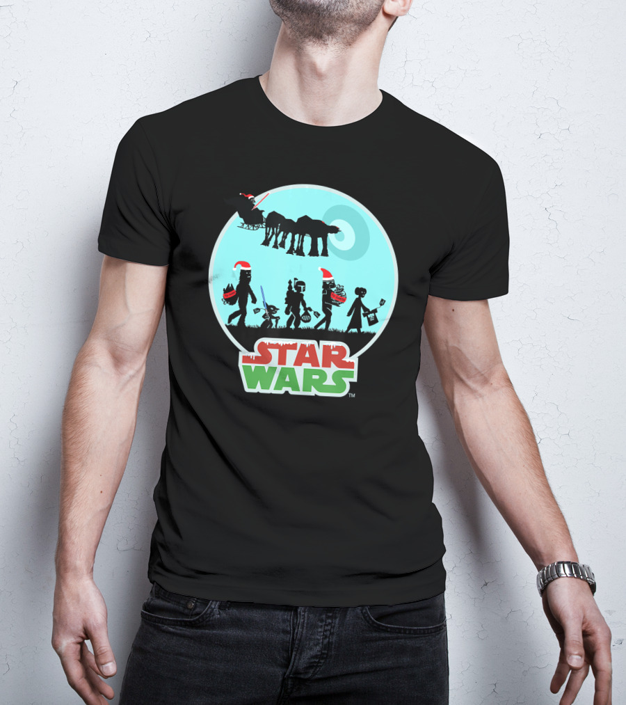Star Wars Holiday Characters With Santa Hats And Death Star T-Shirt